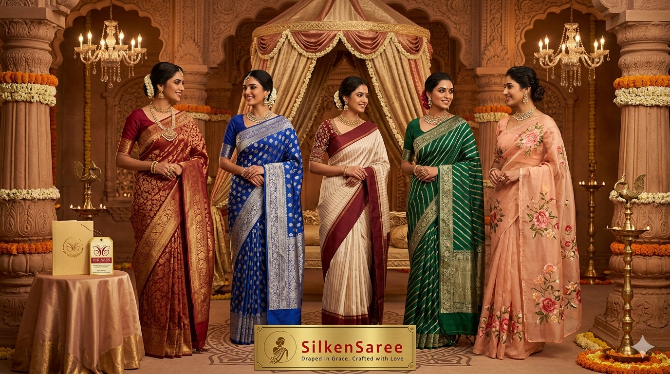 5 women's are wear and presenting the SilkenSaree Sarees collection