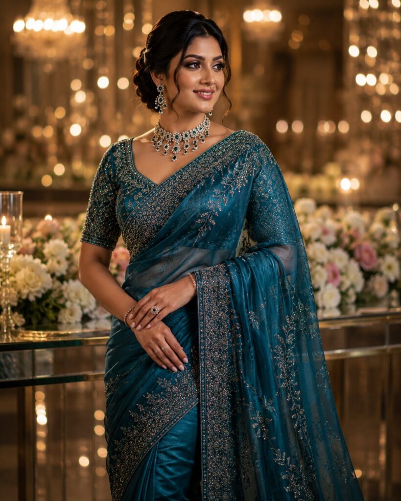Teal Blue designer reception saree.